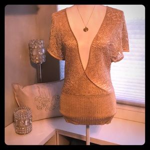 Sparkling low cut split bell sleeve sweater - SM